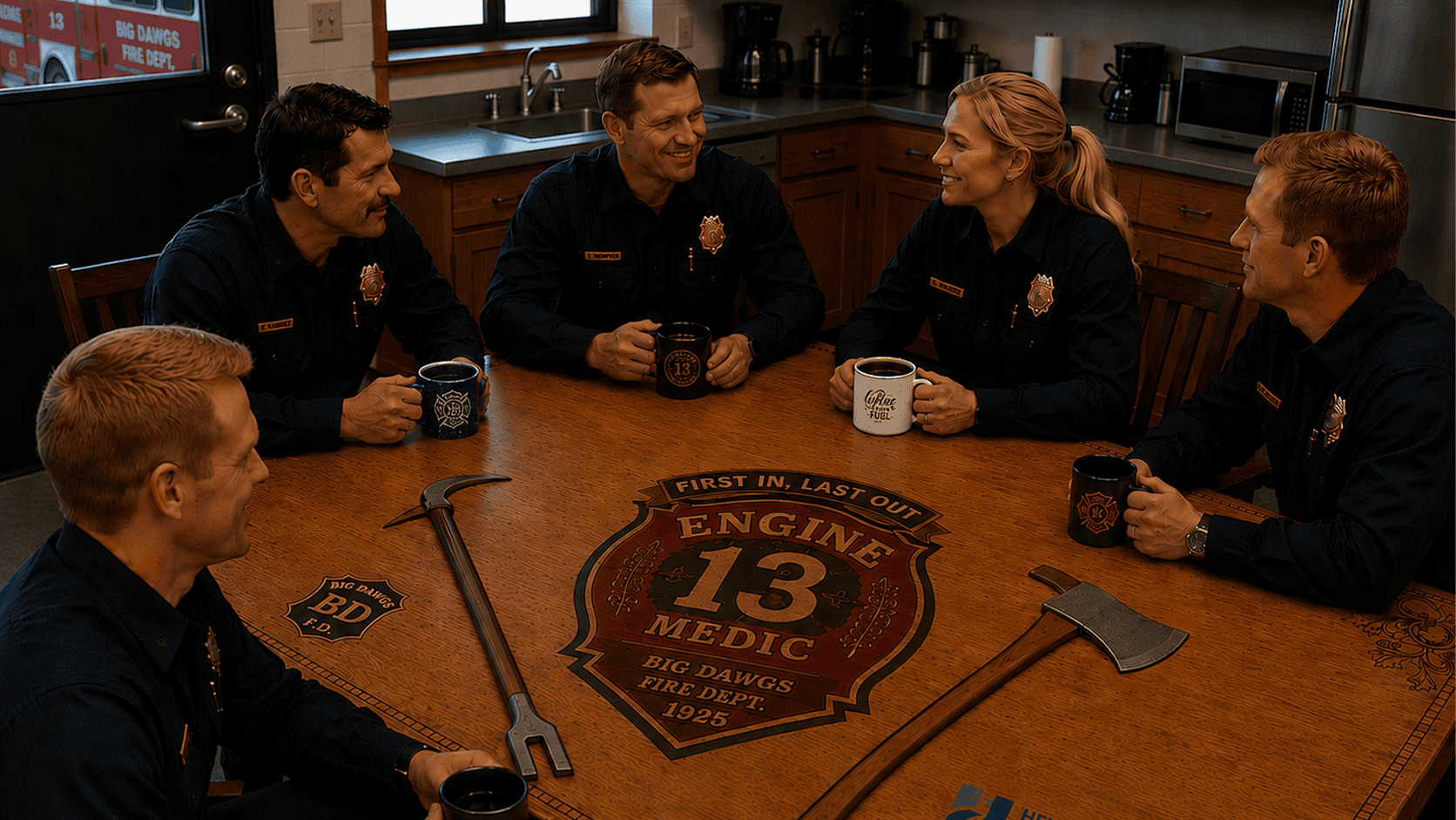 Firefighters gathered around a kitchen table at the firehouse